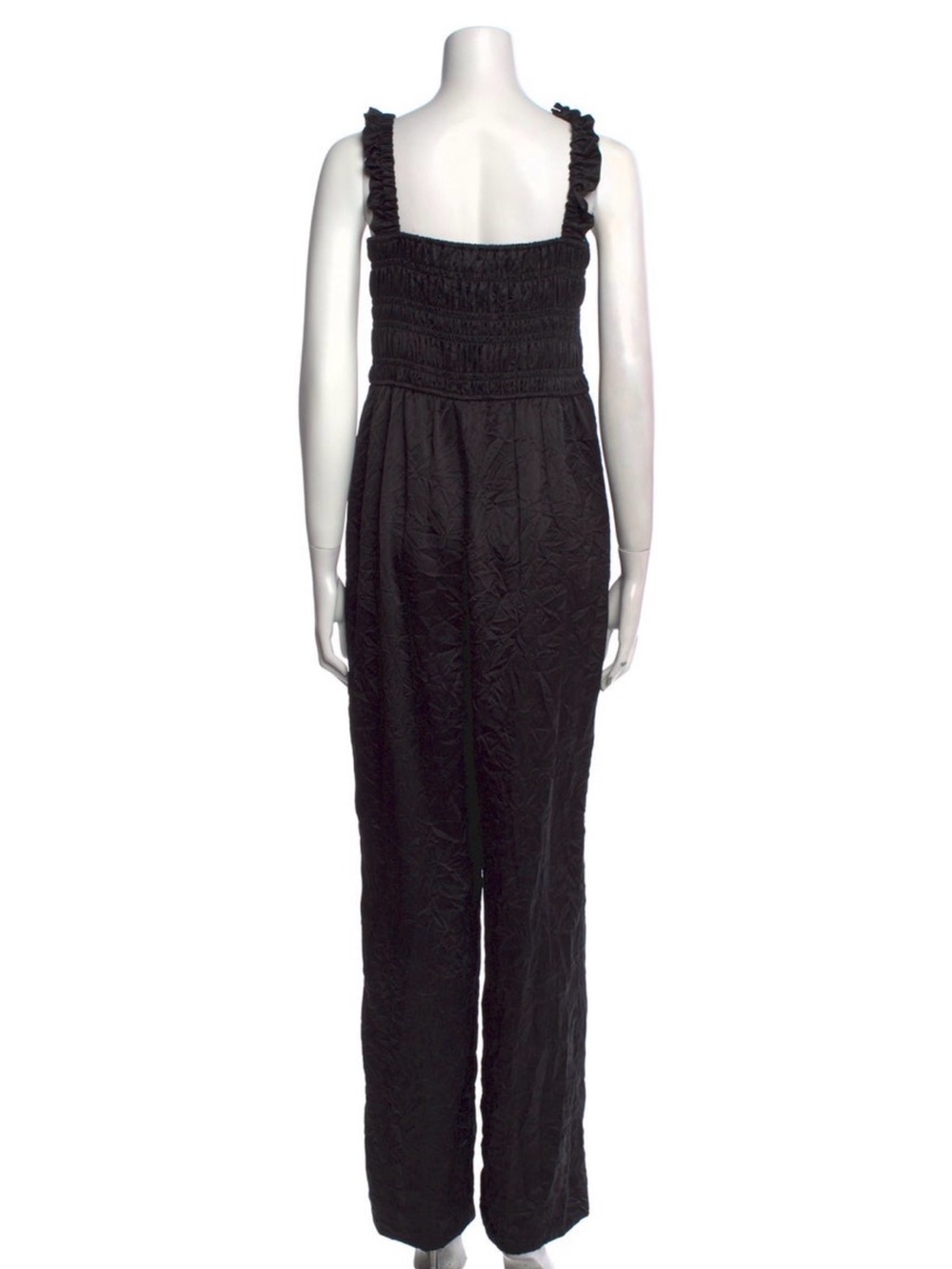 Ganni Black Smocked-Strap Wide-Leg Jumpsuit